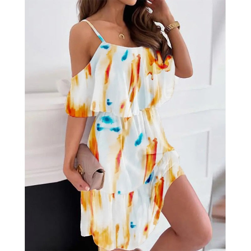 Spaghetti Strap Holiday Floral Print Women Dresses Fashion Off Shoulder Sundress Elegant Chiffon