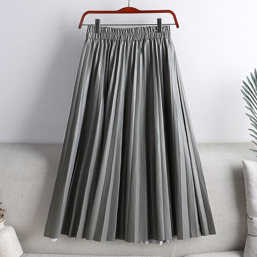 Elegant Umbrella Midi Skirt Faux PU Leather Pleated Skirts