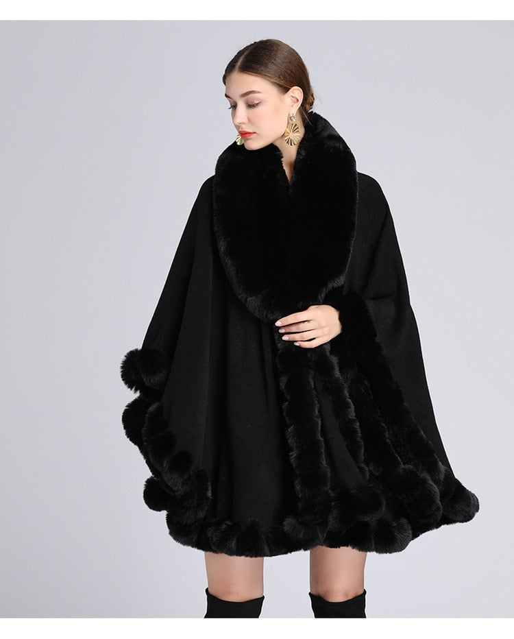 Elegant V Lapel Faux Rex Rabbit Fur Coat Cape Winter Women Big Long Shawl Full Trim Fur Knit Cloak Overcoat Parka