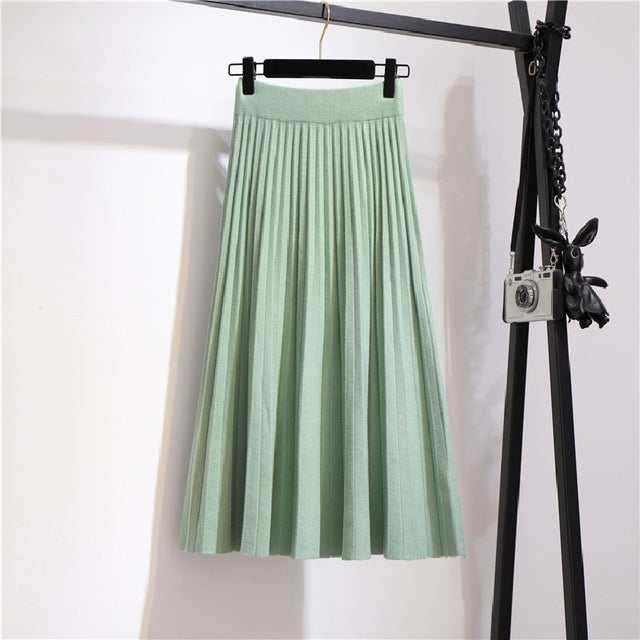 Spring Winter Women Knitted Pleated Skirt Fashion Midi Skirt Solid Color Loose High Waist Skirts Casual Female Women s Bottoms Green