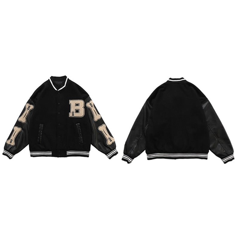 Varsity Baseball Bomber Jacket Women Hip Hop Harajuku Bone Letter Patchwork Leather Jackets Streetwear