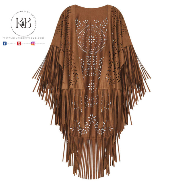 Camel Suede Floral Hollow Out Fringe Tassel Shawl Women Vintage Capes Ponchos Autumn Bohemian cardigan Cloak Boho Capes Yillow