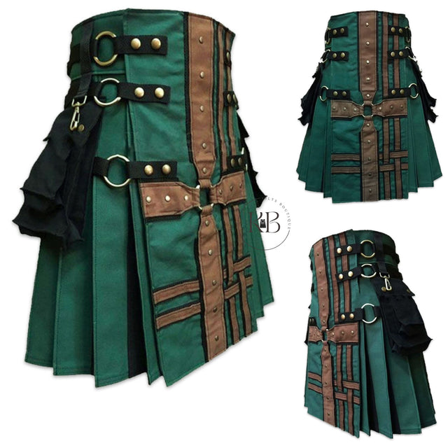 Hunter Green + Brown Medieval Modern Hybrid Utility Kilt