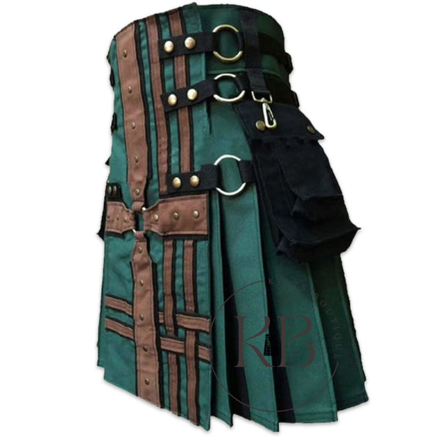 Hunter Green + Brown Medieval Modern Hybrid Utility Kilt