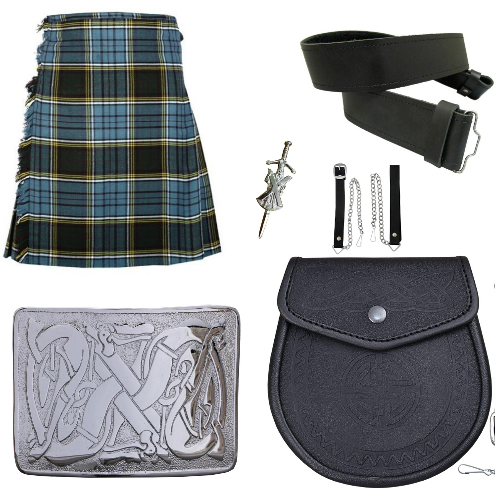 Anderson Tratan Scottish Traditional Highland 5 Yard Tartan Kilt outfit + Celtic Embossed leather Sporran + Kilt Pin + Kilt Belt