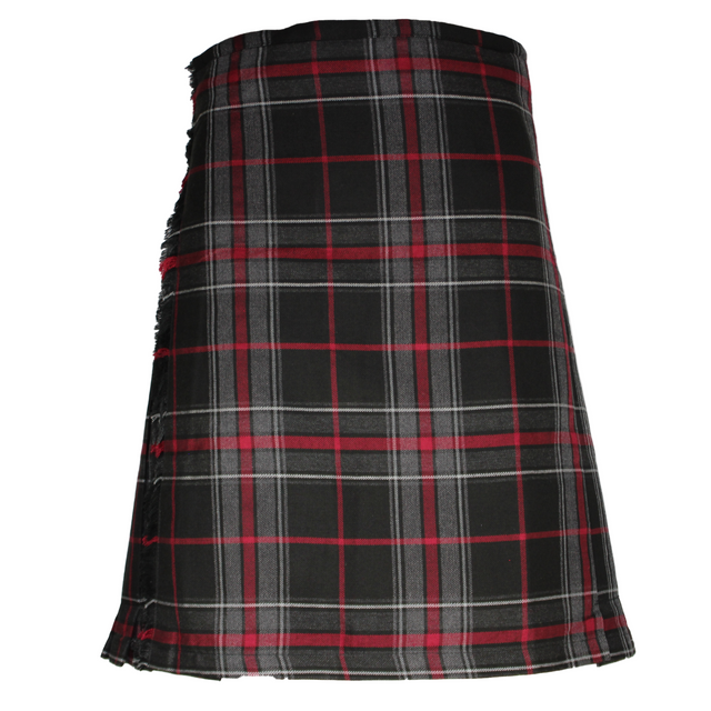 A traditional Scottish Highland men's tartan kilt with a black, red, and gray plaid pattern. It features a buckle and belt loops and is displayed in a flat lay format.
