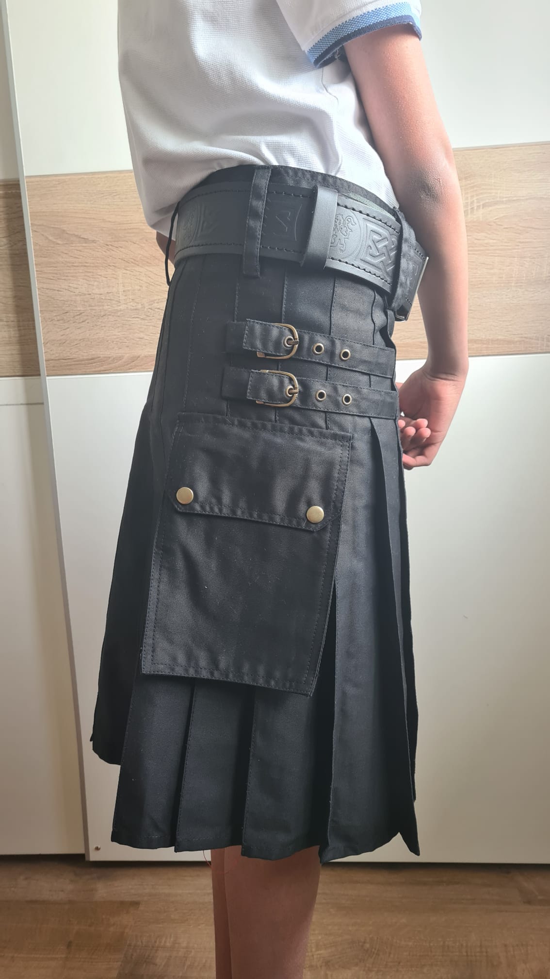 Boys Kids Black Cotton Utility Pleated Kilt