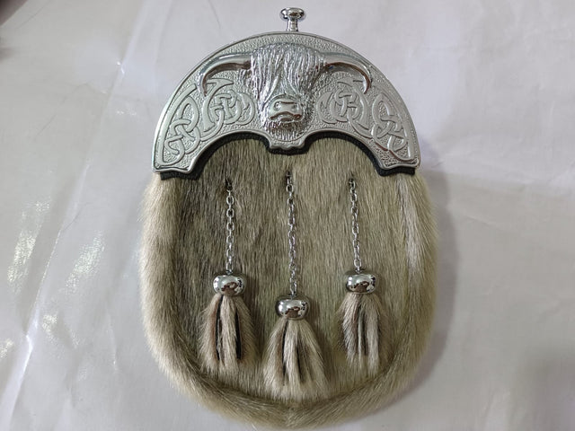 Scottish Full Dress Sporran Handcrafted with fur, Celtic stag cantle and tassels.
