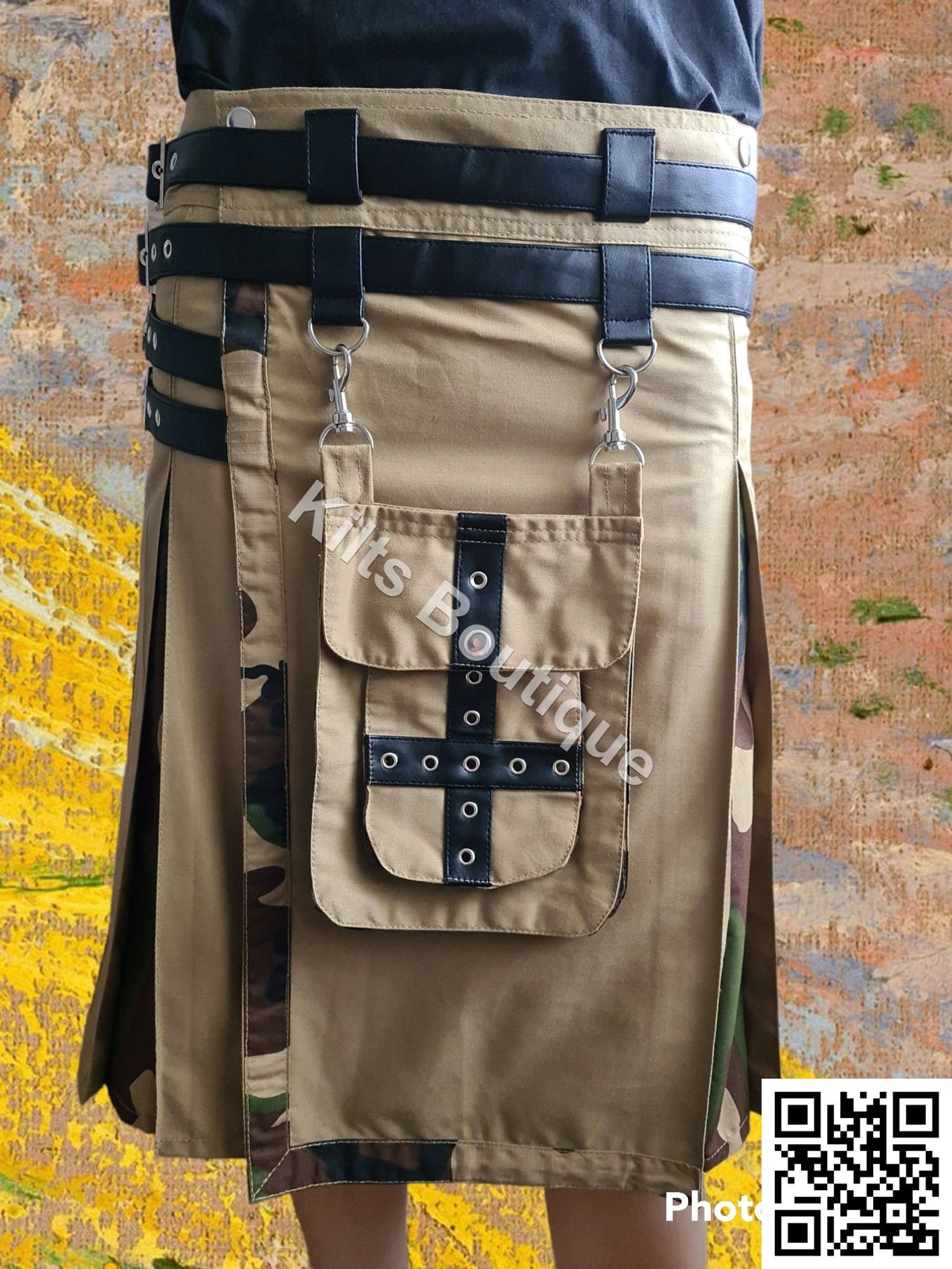 Khaki Camo Adjustable Utility Kilt for Men With Front Detachable Pocket