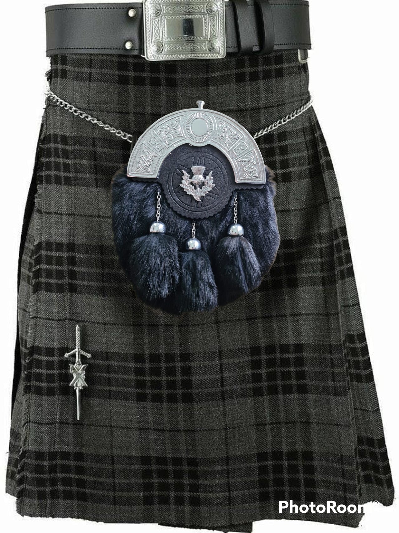 Highland Grey Scottish Men's Kilt Outfit 6 in 1 Set Leather Sporran, Chain Belt
