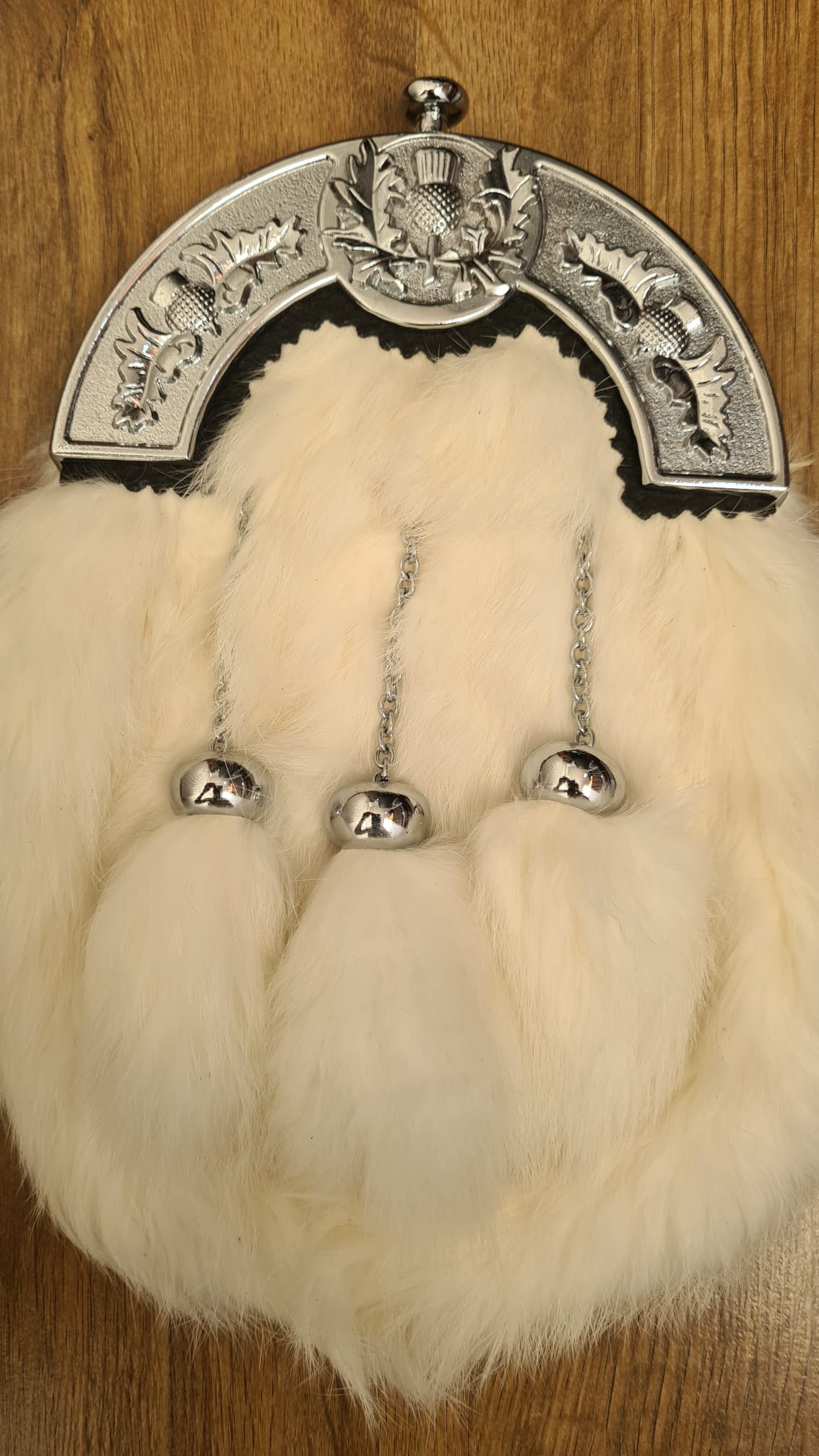 Full Dress Sporran Thistle Cantle, Chrome Finish Rabbit Fur Sporran with 3 Tassels