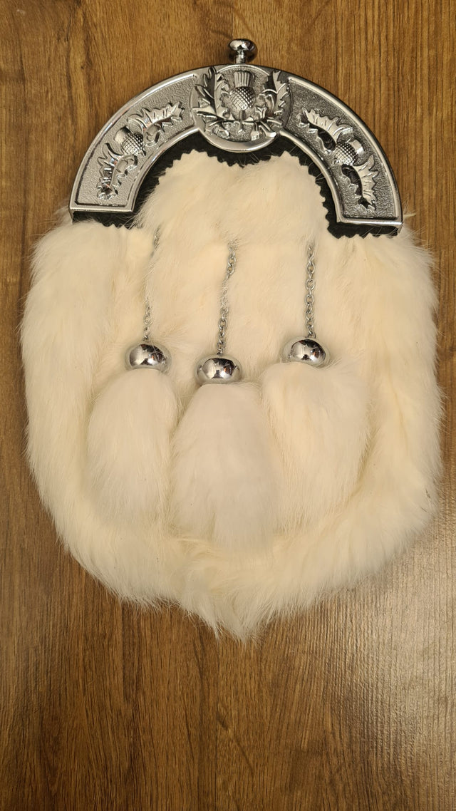 Full Dress Sporran Thistle Cantle, Chrome Finish Rabbit Fur Sporran with 3 Tassels