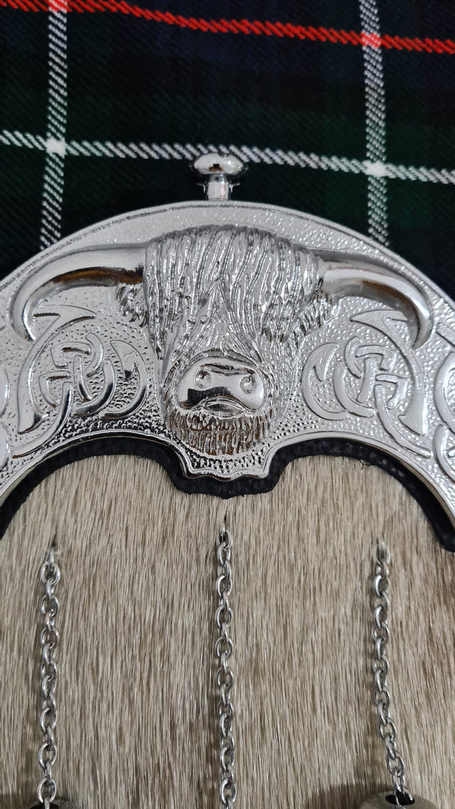 Scottish Full-Dress Real Leather Sporran Handcrafted, Celtic Stag Cantle With 3 tassels.