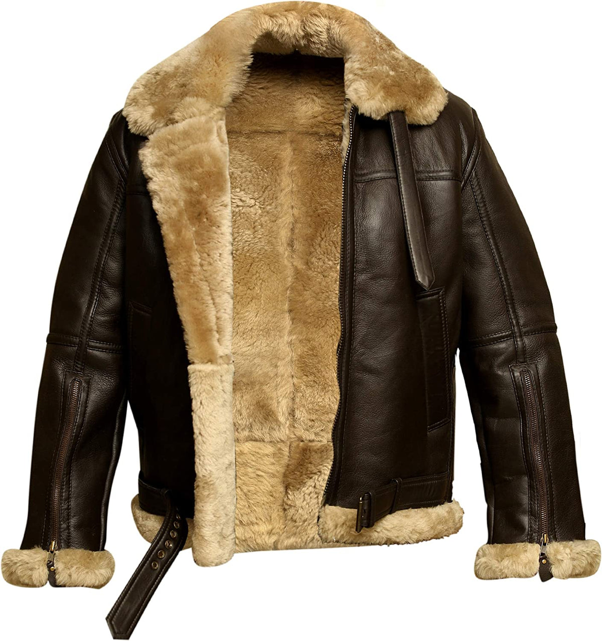 Men's RAF B3 Aviator Pilot Bomber Fur Shearling Leather Brown Jacket