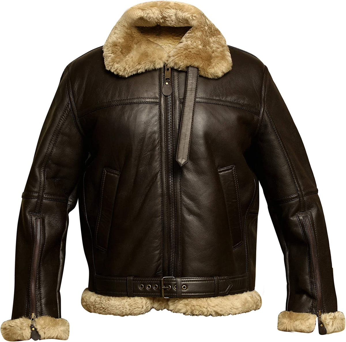 Men's RAF B3 Aviator Pilot Bomber Fur Shearling Leather Brown Jacket