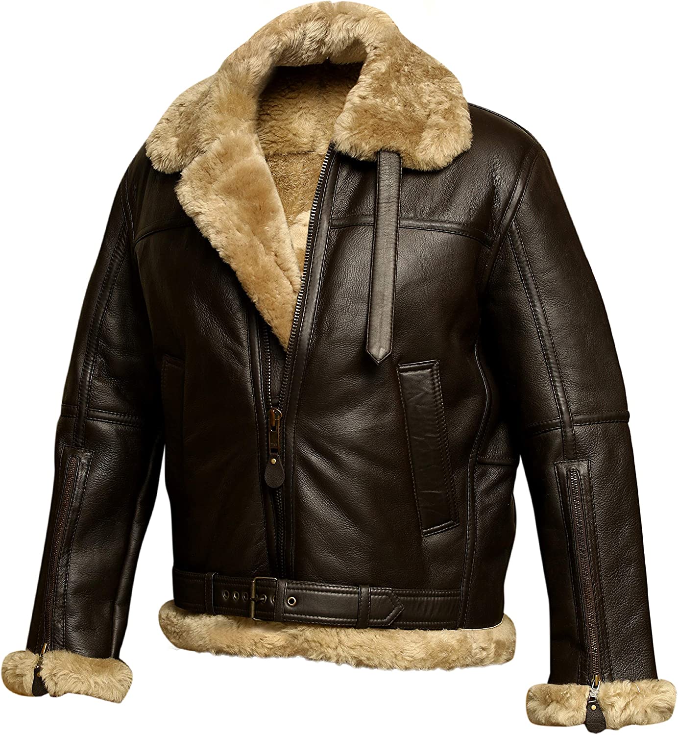 Men's RAF B3 Aviator Pilot Bomber Fur Shearling Leather Brown Jacket