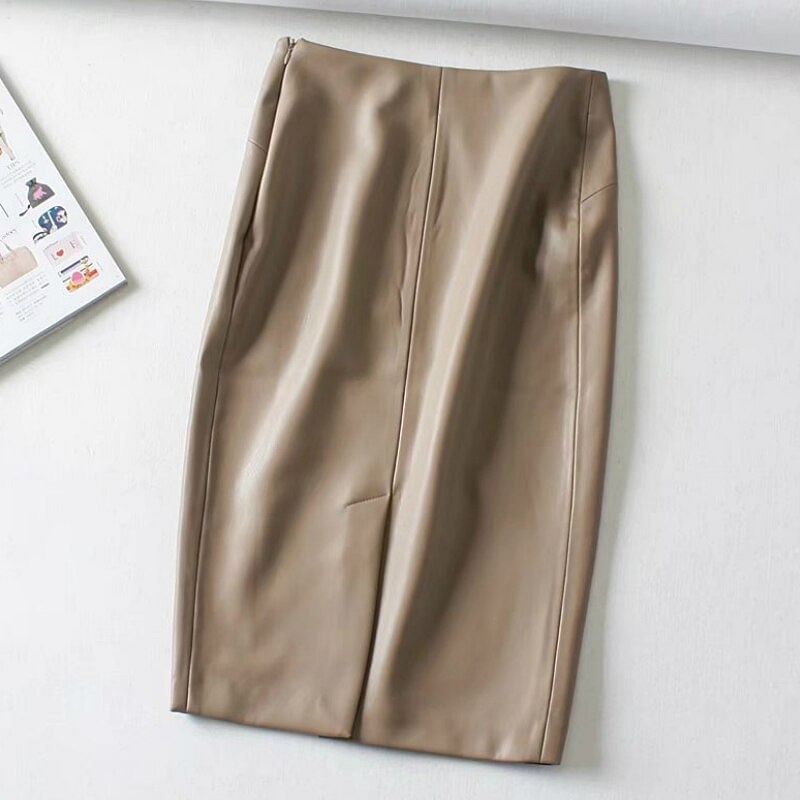 Women Soft PU Leather Pencil Midi Skirt Autumn Ladies Package Hip Back Split Faux Leather Pencil Skirt