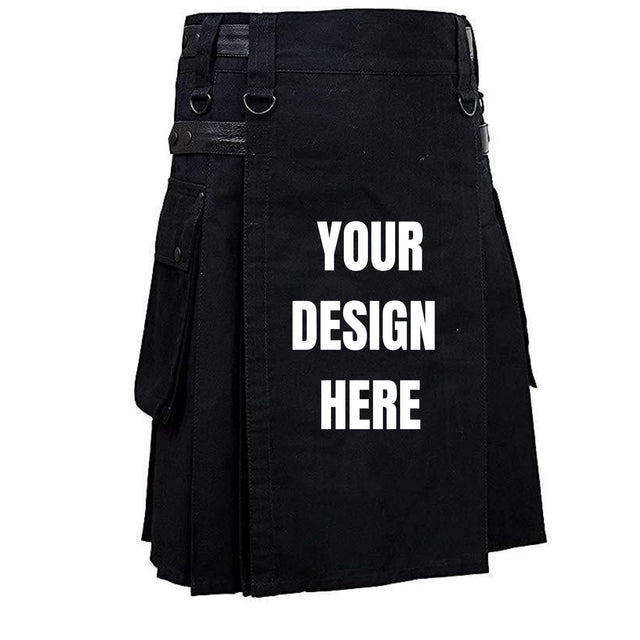 Custom Text Black Utility Kilt, Personalized Text Kilt, Your Design, Your Photo kilt, Personalized Gift, Add Your Own Text, Custom Logo Kilt