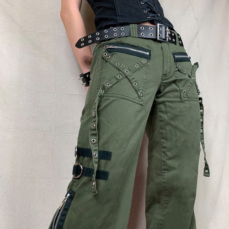 Army Green Cargo Pants Women Gothic Punk Style Jeans Techwear Hip Hop Baggy Jogger Streetwear Trousers - #Kilts Boutique#