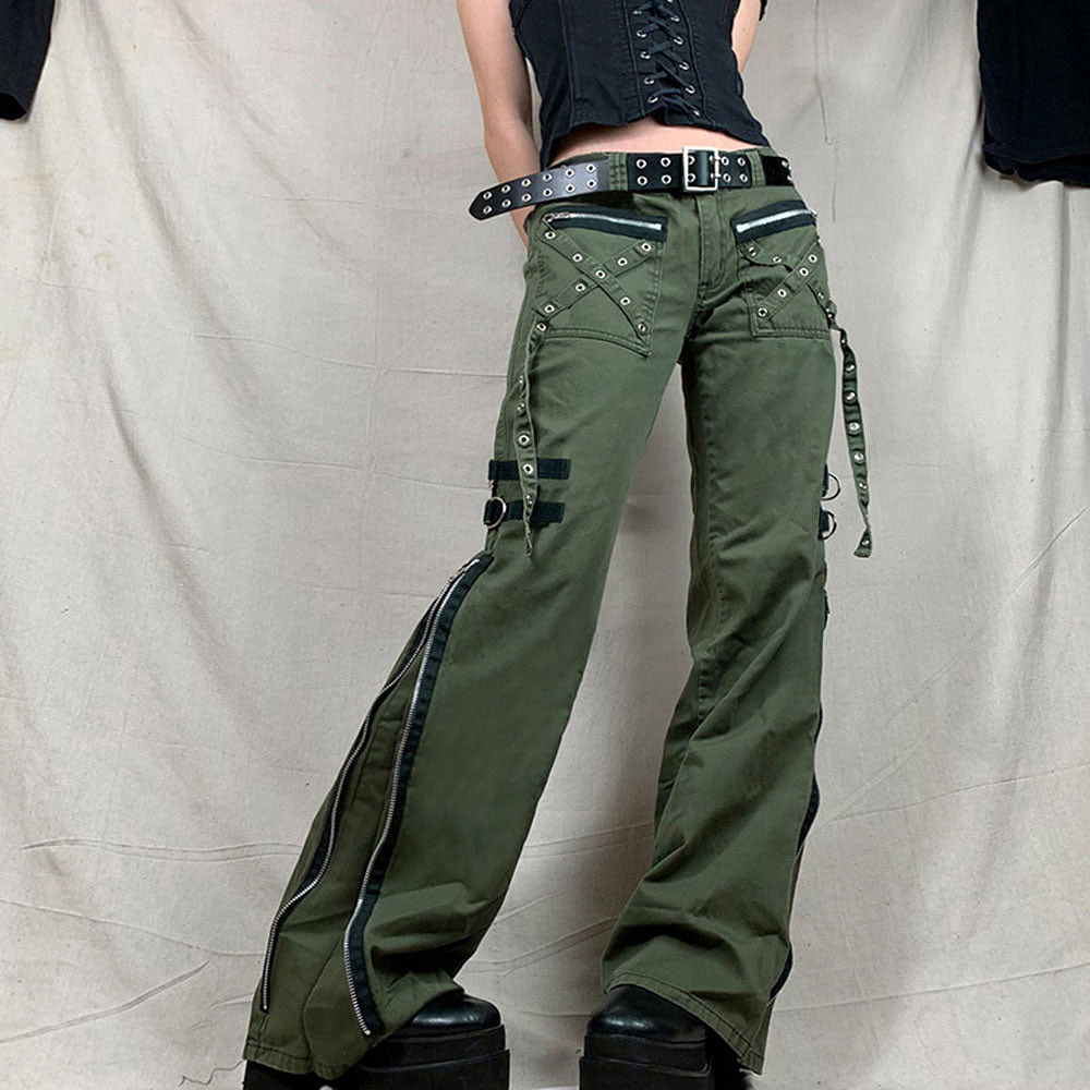 Army Green Cargo Pants Women Gothic Punk Style Jeans Techwear Hip Hop Baggy Jogger Streetwear Trousers - #Kilts Boutique#