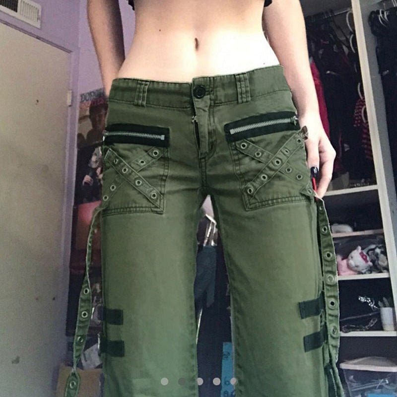 Army Green Cargo Pants Women Gothic Punk Style Jeans Techwear Hip Hop Baggy Jogger Streetwear Trousers - #Kilts Boutique#