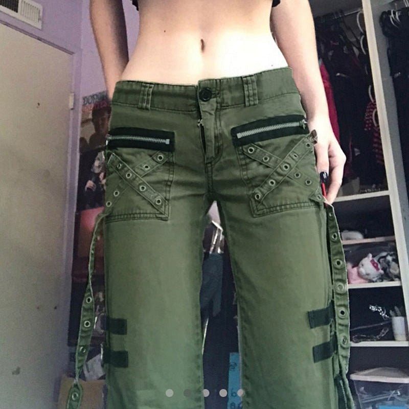 Women's Pants Gothic Punk Baggy Vintage Kawaii Trousers Bandage Low Waist  Cargo Pants Grunge Green Zipper Jeans Korea Sweatpants Color: Green, Size:  M