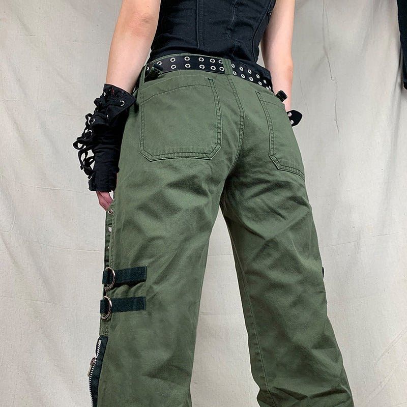 Army Green Cargo Pants Women Gothic Punk Style Jeans Techwear Hip Hop Baggy Jogger Streetwear Trousers - #Kilts Boutique#