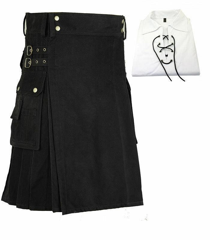 Black Colour utility Cargo Kilt 100% Cotton with Jacobite Shirt - #Kilts Boutique#