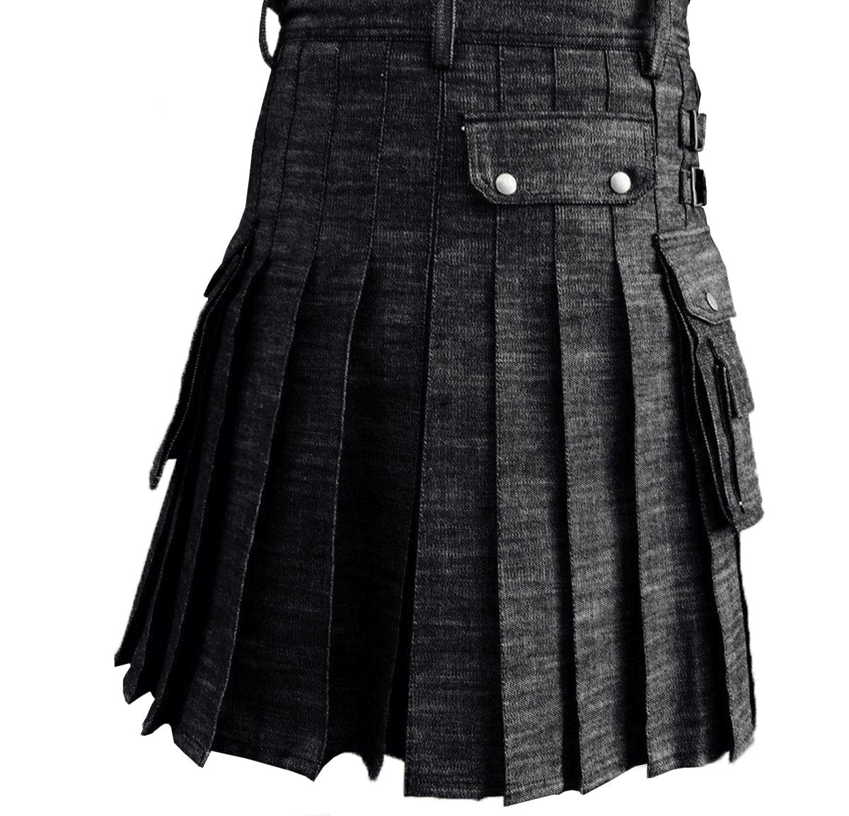 Black Denim Utility Kilt Flap Pockets Pleats deep sewn Double Stitching - #Kilts Boutique#
