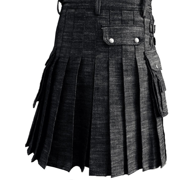 Black Denim Utility Kilt Flap Pockets Pleats deep sewn Double Stitching - #Kilts Boutique#