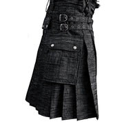 Black Denim Utility Kilt Flap Pockets Pleats deep sewn Double Stitching - #Kilts Boutique#