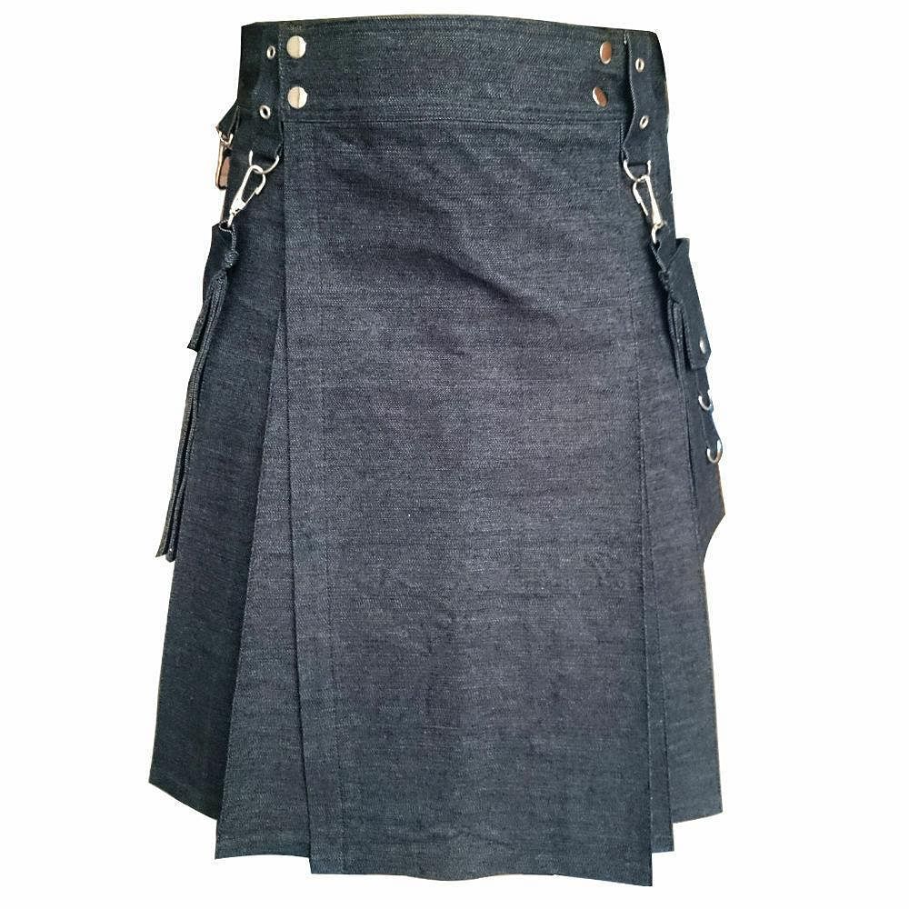Black Detachable Pocket Denim Utility Kilt - #Kilts Boutique#