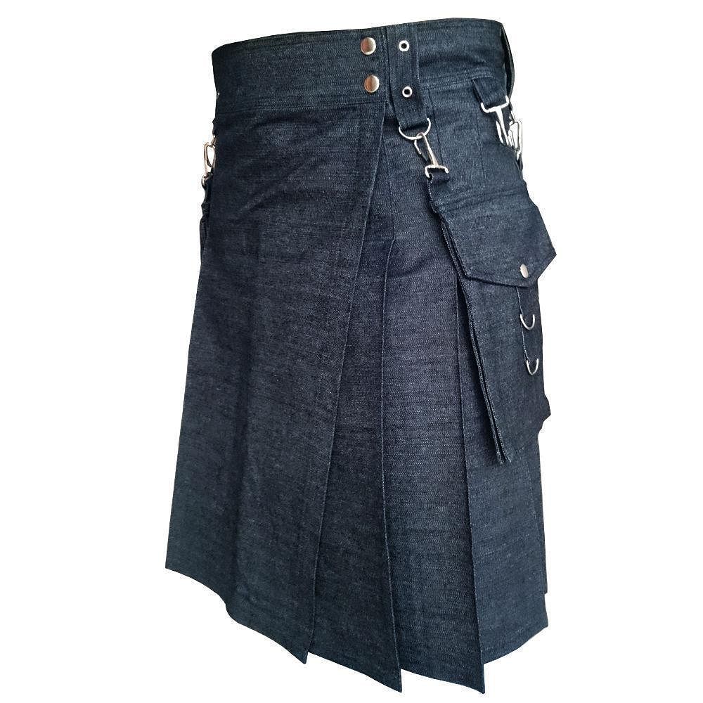 Black Detachable Pocket Denim Utility Kilt - #Kilts Boutique#