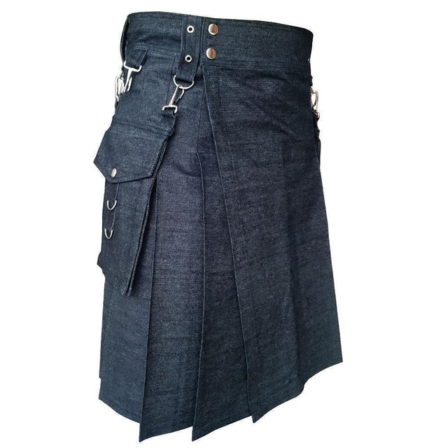 Black Detachable Pocket Denim Utility Kilt - #Kilts Boutique#