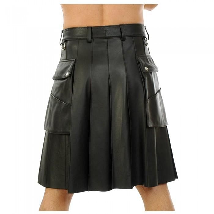 Black Genuine Leather Utility Leather Kilt Twin Pockets - #Kilts Boutique#