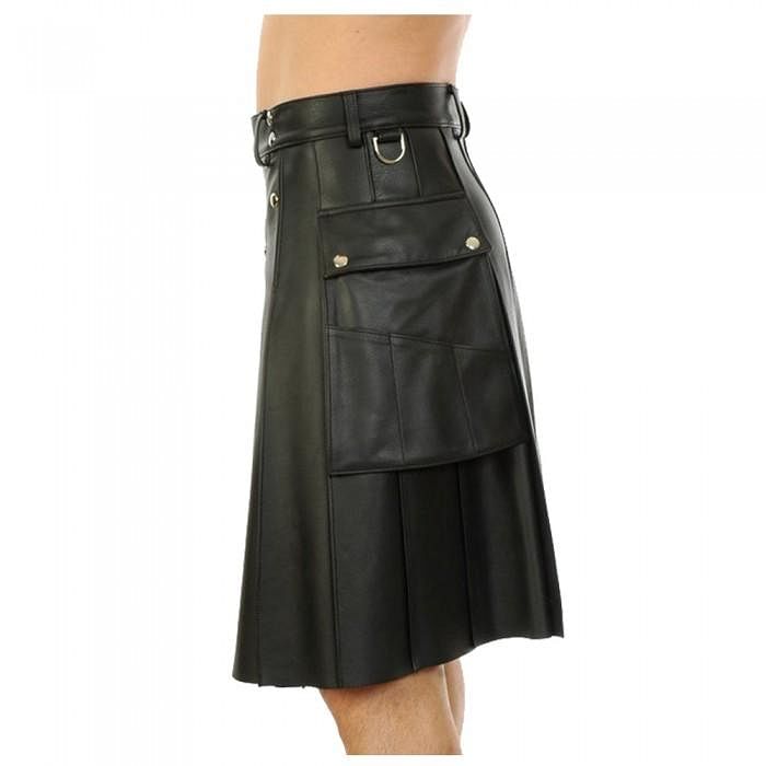 Black Genuine Leather Utility Leather Kilt Twin Pockets