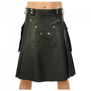 Black Genuine Leather Utility Leather Kilt Twin Pockets - #Kilts Boutique#