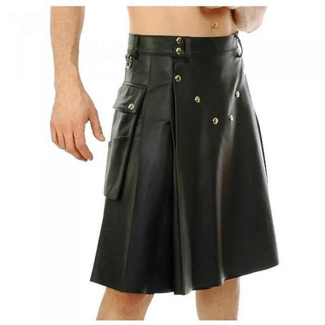 Black Genuine Leather Utility Leather Kilt Twin Pockets - #Kilts Boutique#