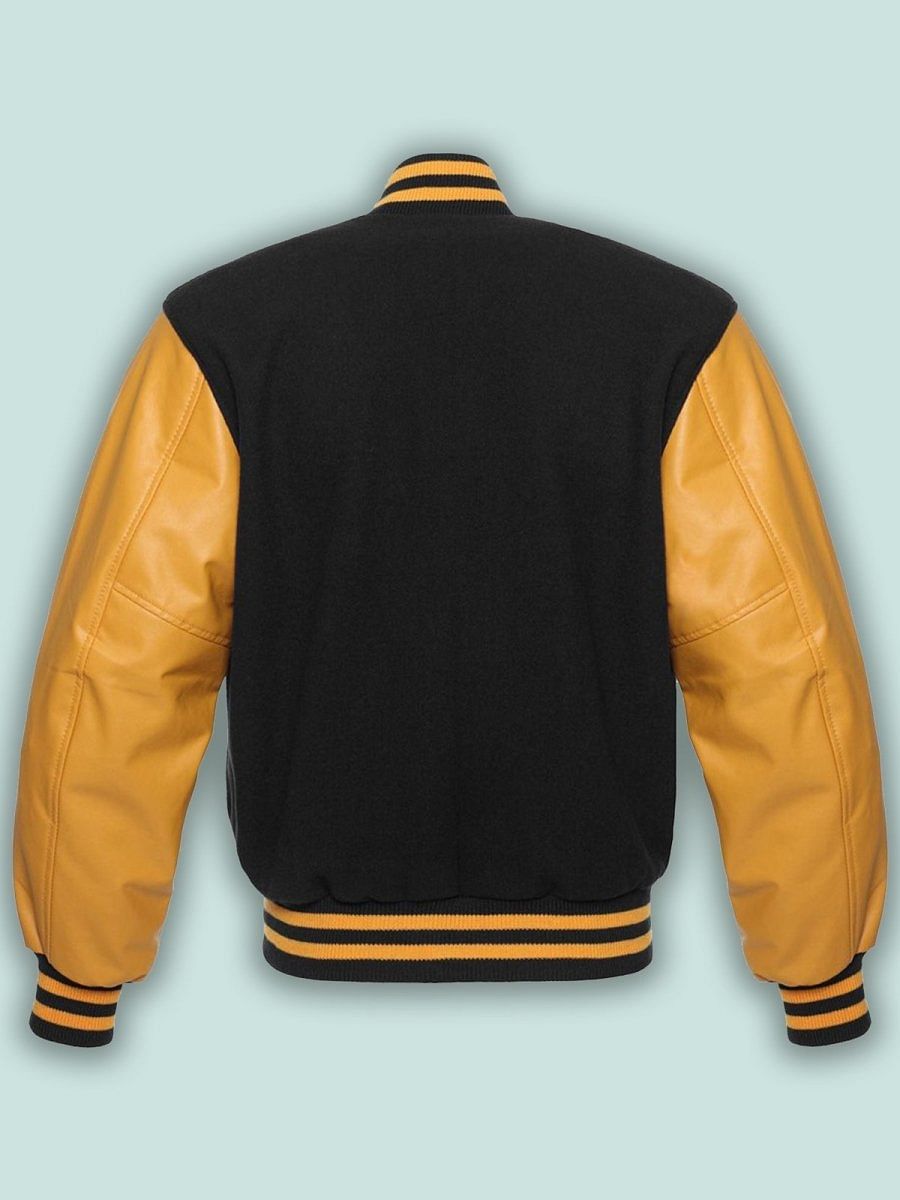 Black & Gold Varsity Letterman baseball jacket Wool Body & Leather Sleeves - #Kilts Boutique#