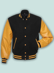 Black & Gold Varsity Letterman baseball jacket Wool Body & Leather Sleeves - #Kilts Boutique#