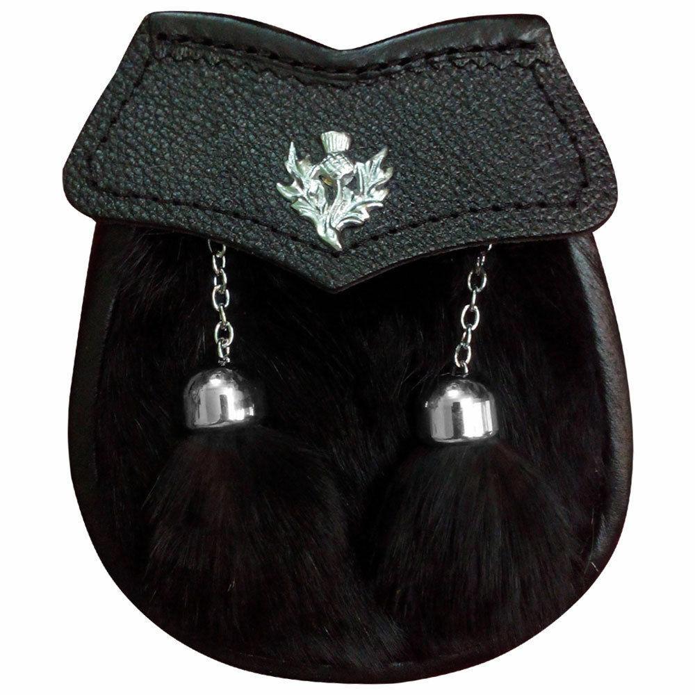 Black Kids Scottish & Highland Kilt Sporran for Child's Rabbit Fur 2 Tassels Thistle - #Kilts Boutique#