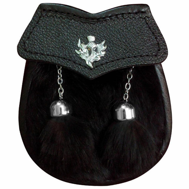 Black Kids Scottish & Highland Kilt Sporran for Child's Rabbit Fur 2 Tassels Thistle - #Kilts Boutique#