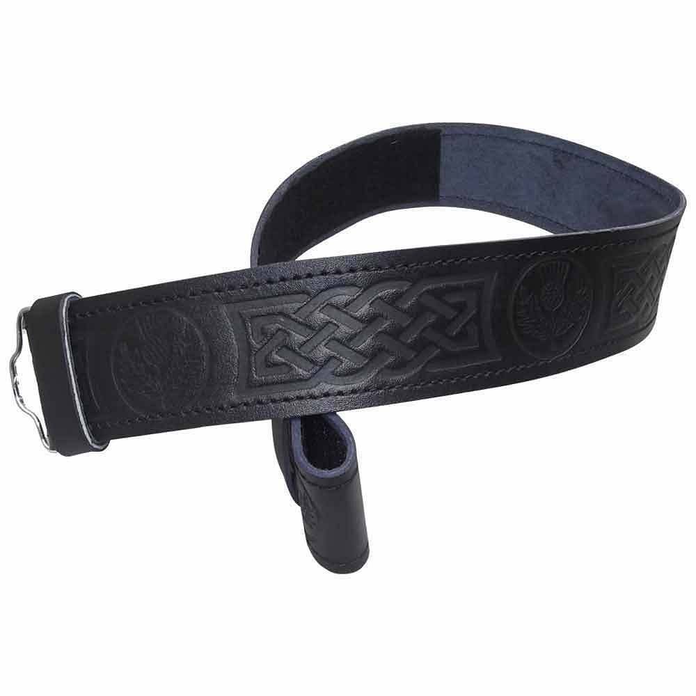 Black Leather Kilt Belt Embossed Celtic Scottish Thistle Belts Lion Rampant - #Kilts Boutique#