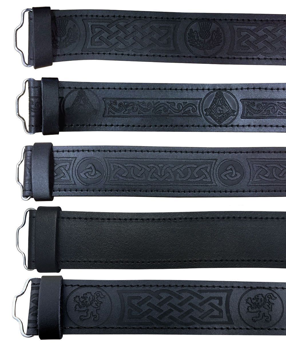 Black Leather Kilt Belt Embossed Celtic Scottish Thistle Belts Lion Rampant - #Kilts Boutique#