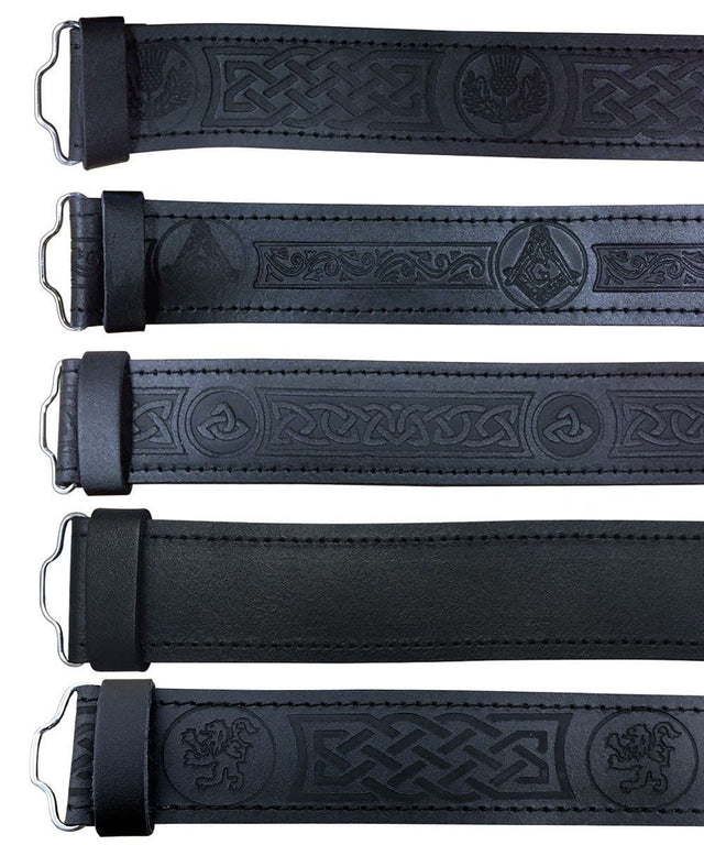 Black Leather Kilt Belt Embossed Celtic Scottish Thistle Belts Lion Rampant - #Kilts Boutique#