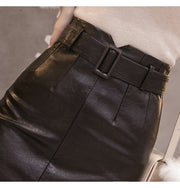 Black PU Leather Pencil Midi Skirts High Waist Split OL Elegant Sheath Wrap Skirts With Belt - #Kilts Boutique#