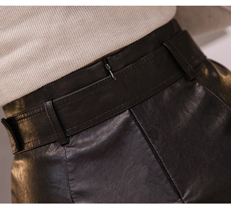 Black PU Leather Pencil Midi Skirts High Waist Split OL Elegant Sheath Wrap Skirts With Belt - #Kilts Boutique#