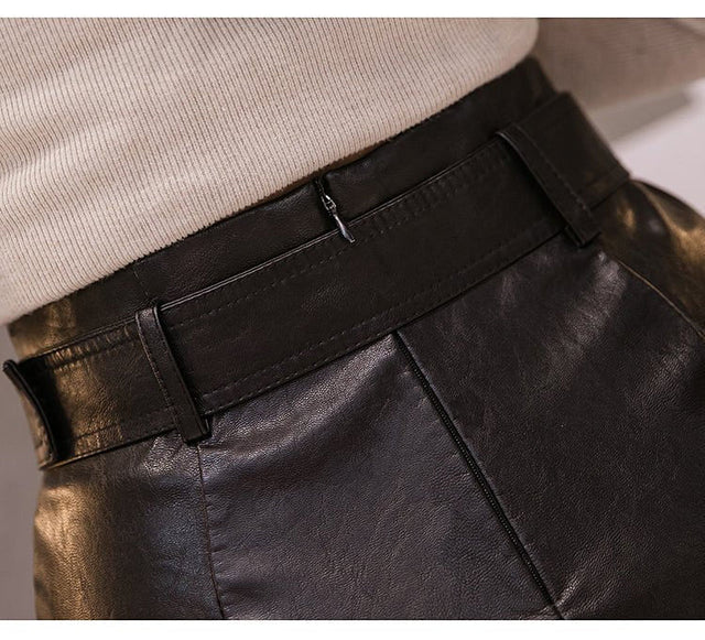 Black PU Leather Pencil Midi Skirts High Waist Split OL Elegant Sheath Wrap Skirts With Belt - #Kilts Boutique#