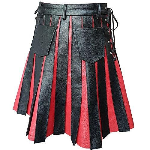 Black & Red Leather Gladiator Pleated Utility Kilt Flat Front Pocket - #Kilts Boutique#