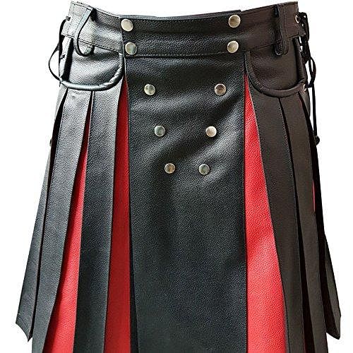 Black & Red Leather Gladiator Pleated Utility Kilt Flat Front Pocket - #Kilts Boutique#